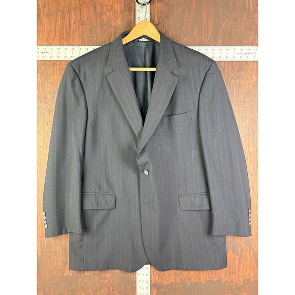 Jos A Bank 100% Wool Pinstripe Blazer Suit Jacket Black Navy Interior‎ Men's 46R - Picture 1 of 9